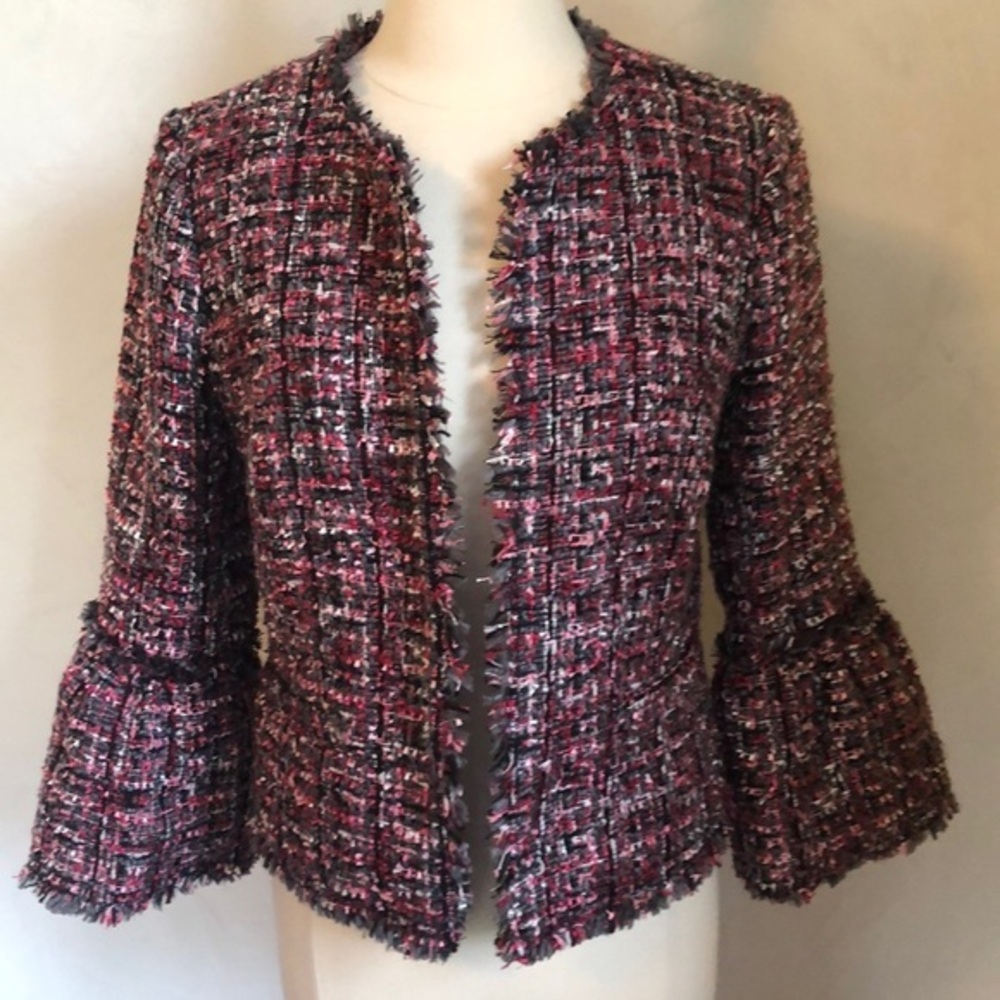 Ann Taylor Multi color Fringe,Tweed style Blazer w/cropped flare sleeves Size 8